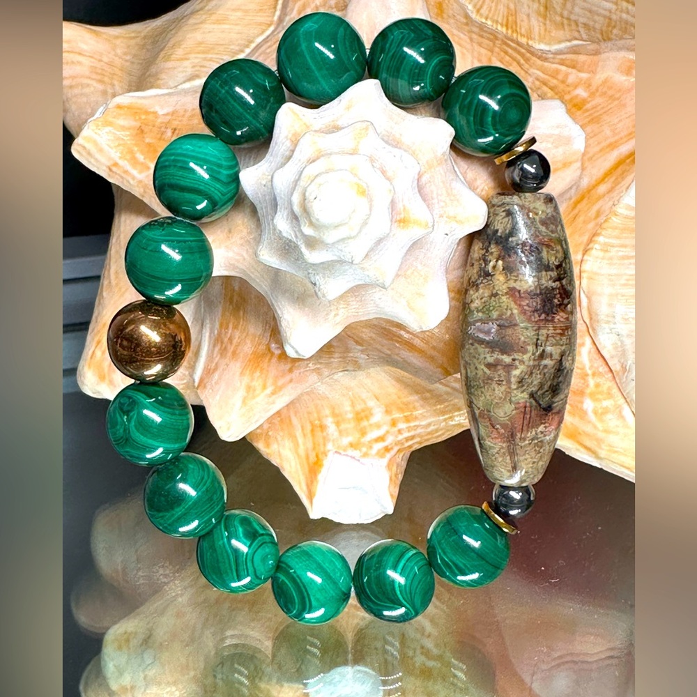 MALACHITE + UNIQUE JASPER  NATURAL BRACELET size 7